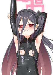 1girl absurdres alternate_costume arm_behind_head armpit_cutout armpits arms_up black_bodysuit black_hair black_hairband blue_archive blush bodysuit bright_pupils chinese_commentary chromatic_aberration clenched_teeth clothing_cutout colored_inner_hair commentary_request covered_navel double-parted_bangs fingernails hair_between_eyes hairband halo highres holding_own_arm kei_(blue_archive) latex latex_bodysuit loli long_bangs long_hair long_hair_between_eyes long_sidelocks looking_at_viewer loosely_tucked_bangs marshal_(artist) multicolored_hair nippleless_clothes nipples one_side_up parted_lips presenting_armpit rectangular_halo red_eyes red_hair red_halo ringed_eyes sidelocks simple_background skin_tight solo straight-on sweat teeth two-tone_hair upper_body very_long_hair very_long_sidelocks white_background zipper zipper_pull_tab