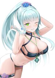 1girl ;) absurdres akachi bikini black_bikini breasts cleavage commentary cross cross_earrings earrings flower girls&#039;_frontline girls&#039;_frontline_2:_exilium green_eyes grey_hair hair_flower hair_ornament highres hk416_(girls&#039;_frontline) jewelry klukai_(girls&#039;_frontline_2) large_breasts leaning_forward long_hair looking_at_viewer navel official_alternate_costume one_eye_closed parted_lips ponytail simple_background smile solo swimsuit teardrop_facial_mark thigh_strap wet white_background