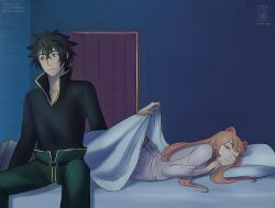 1boy 1girl animal_ears arm_shield artist_name black_hair black_shirt blanket blush closed_mouth collarbone commentary_request couple cowboy_shot green_eyes green_pants grey_nightgown hetero high_collar highres indoors iwatani_naofumi long_hair long_sleeves lying messy_hair night on_bed on_stomach one_eye_closed orange_hair pants pillow pink_eyes pixiv_id raccoon_ears raccoon_girl raccoon_tail raphtalia shirt short_hair sitting tail tate_no_yuusha_no_nariagari tumblr_username vk_username yuria-chu