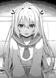 1girl absurdres ahoge atri atri-my_dear_moments- collarbone commentary_request dress hair_between_eyes hair_intakes hair_ribbon highres jako_(jakoo21) long_hair long_sleeves looking_at_viewer open_mouth ribbon sailor_dress sitting solo two_side_up very_long_hair wide_sleeves