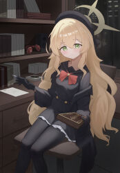 1girl beret black_coat black_gloves black_hat black_pantyhose black_sailor_collar black_serafuku black_skirt blonde_hair blue_archive blush book bookshelf bow bowtie breasts building chair coat commentary desk feet_out_of_frame fluffy_hair gloves green_eyes hair_between_eyes halo hat headphones headphones_removed highres holding holding_book indoors long_hair long_sleeves looking_at_viewer night open_clothes open_coat pantyhose paper pen pleated_skirt professor_niyaniya_(blue_archive) red_bow red_bowtie sailor_collar school_uniform serafuku side_ahoge sitting skirt skyscraper small_breasts smile solo speaker very_long_hair window yellow_halo yukihara_(jeffery201010)