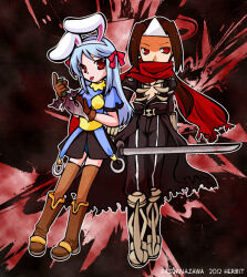 1boy 1girl 2012 animal_ears archer_(ragnarok_online) armored_boots armored_skirt assassin_cross_(ragnarok_online) black_cape black_pants black_shirt blue_hair blue_shirt boots bow brown_background brown_boots brown_gloves brown_hair brown_thighhighs cape commentary_request dagger fake_animal_ears full_body gloves hair_bow holding holding_dagger holding_knife holding_sword holding_weapon katana knife long_hair looking_at_viewer low_ponytail muneate open_mouth pants ponytail rabbit_ears ragnarok_online red_bow red_eyes red_scarf scarf shirt short_sleeves sword thighhighs tongue tongue_out torn_cape torn_clothes torn_scarf triangular_headpiece vambraces waist_cape weapon yazawa_kazuki