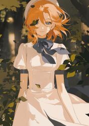 1girl absurdres arms_at_sides blue_bow blue_bowtie blue_eyes bow bowtie bush chinese_commentary chongzhen_085 commentary_request cowboy_shot dappled_sunlight dress empty_eyes hat highres higurashi_no_naku_koro_ni looking_at_viewer orange_hair outdoors puffy_short_sleeves puffy_sleeves ryuuguu_rena short_hair short_sleeves smile solo sunlight tree white_dress white_hat