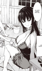 anatatachi_soredemo_sensei_desu_ka! bare_shoulders beer_bottle black_hair breasts chips_(food) cleavage cushion drinking english_text female_focus food ishizaka_ryuudai kanade_orizuru large_breasts legs_out_of_frame lingerie looking_at_viewer magazine_(object) monochrome on_floor pringles_can smile table tatami tissue_box trash_can underwear