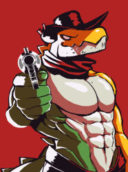 1boy abs aiming aiming_at_viewer bara closed_mouth commentary cowboy_hat crocodile_boy crocodilian_tail derivative_work english_commentary furry furry_male grizzeek gummigoo gun hat holding holding_gun holding_weapon looking_at_viewer male_focus muscular muscular_male navel pectorals red_dead_redemption_(series) scarf smile tail the_amazing_digital_circus topless_male weapon