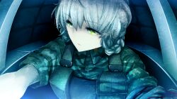 1girl amane_suzuha amane_suzuha_(beta) ammunition_pouch body_armor braid breasts brown_hair bulletproof_vest camouflage camouflage_jacket closed_mouth collar_tabs digital_camouflage fg204 game_cg green_jacket hair_between_eyes hair_rings high_collar highres huke indoors jacket load_bearing_vest long_sleeves looking_to_the_side medium_breasts military_combat_uniform military_fatigues military_uniform non-web_source official_art outstretched_arms pink_lips pouch red_collar_tabs ringed_eyes shiny_lips short_sleeves soldier solo square_pupils steins;gate time_machine twin_braids twintails woodland_camouflage yellow_eyes
