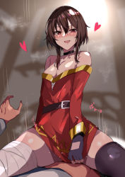 1boy 1girl areola_slip bandaged_leg bandages belt black_choker black_gloves blush breasts brown_belt brown_hair choker clothed_sex cowgirl_position dress fang fingerless_gloves girl_on_top gloves heart hetero highres implied_sex kono_subarashii_sekai_ni_shukufuku_wo! looking_at_viewer megumin motion_lines muoto off_shoulder open_mouth red_dress red_eyes sex short_hair short_hair_with_long_locks sidelocks single_thighhigh skin_fang solo_focus straddling sweat thighhighs