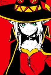 Rule 34 | 1girl, absurdres, black cape, cape, cosplay, dress, ennos li, frieren, hat, highres, kono subarashii sekai ni shukufuku wo!, megumin, megumin (cosplay), non-web source, red dress, red eyes, short hair, solo, sousou no frieren, witch hat