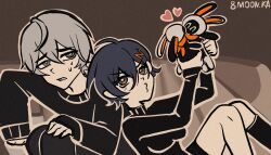 1boy 1girl 1other 8moonka ^_^ andrew_graves artist_name ashley_graves bangboo_(zenless_zone_zero) belle_(zenless_zone_zero) black_jacket black_shirt black_thighhighs blue_eyes blue_hair brother_and_sister closed_eyes couch crossover doll eous_(zenless_zone_zero) green_eyes grey_hair highres jacket on_couch open_mouth parody shirt siblings single_thighhigh sweat sweatdrop the_coffin_of_andy_and_leyley thighhighs wise_(zenless_zone_zero) zenless_zone_zero