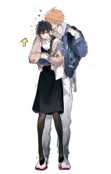 1boy 1girl alternate_costume arrow_(symbol) genderswap genderswap_(mtf) genshin_impact greyscale hamtaru542899 heart kiss_from_behind kissing_head lifting_person monochrome mors_gn skirt tartaglia_(genshin_impact) tartali.club white_background zhongli_(genshin_impact)