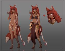 1girl :p animal_ears bare_shoulders barefoot breasts brown_hair commentary commission completely_nude d-rex dark-skinned_female dark_skin english_commentary fox_ears fox_girl fox_tail full-body_tattoo full_body grey_background hair_tubes hand_up heart heart_tattoo holding holding_staff long_hair looking_at_viewer making-of_available multiple_views navel nipples nude one_eye_closed original pelvic_curtain pubic_tattoo pussy red_eyes simple_background skull small_breasts staff tail tattoo tongue tongue_out waving