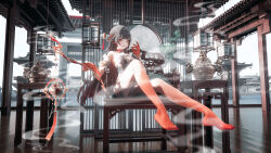 1girl absurdres ahoge architecture artist_collaboration barefoot black_nails breasts chinese_clothes colored_extremities commentary_request criss-cross_halter detached_sleeves diamond-shaped_pupils diamond_(shape) east_asian_architecture foot_dangle grin hair_intakes hair_ornament halterneck hand_up highres holding holding_incense_burner honkai:_star_rail honkai_(series) incense_burner knee_up lingsha_(honkai:_star_rail) long_hair looking_at_viewer medium_breasts nail_polish nid417 on_chair orange_eyes outdoors red_feet red_hands seymour_(sai_lu_er) sitting smile smoke solo symbol-shaped_pupils table tassel tassel_hair_ornament toenail_polish toenails toes wooden_floor