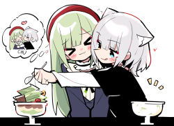 &gt;_&lt; 2girls :3 animal_ears bang_dream! bang_dream!_it&#039;s_mygo!!!!! black_shirt blue_dress blue_eyes blush cat_ears choker closed_eyes closed_mouth commentary_request dress food frilled_choker frills green_hair heart heterochromia highres imagining kaname_raana layered_sleeves licking_lips long_sleeves mortis_(bang_dream!) mortis_(persona)_(bang_dream!) multiple_girls parfait puckered_lips raana_the_cat shirt short_over_long_sleeves short_sleeves simple_background smile speech_bubble thought_bubble tongue tongue_out wakaba_mutsumi white_background white_hair x3 yellow_eyes yuri zhanzhangzlw
