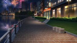 aerial_fireworks blue_sky brick_floor brick_road building bush city_lights cityscape cloud cloudy_sky dark english_text fireworks highres lake night no_humans non-web_source official_art our_life:_beginnings_and_always outdoors railing reflection reflective_water scenery sign sky skyscraper stairs water