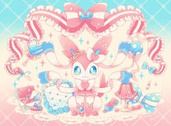 :3 blue_bow blue_eyes blush bow bright_pupils closed_mouth commentary_request frilled_ribbon frills gen_6_pokemon jewelry key lamp mirror mugita_konomi nintendo no_humans pillow pink_ribbon pokemon pokemon_(creature) polka_dot polka_dot_bow ribbon ring solo sparkle striped_ribbon sylveon treasure_chest wedding_ring white_pupils