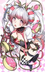 Rule 34 | 1girl, 92m, animal ears, black leotard, breasts, checkered clothes, checkered legwear, checkered thighhighs, cleavage, donut hair bun, double bun, duel monster, facial mark, hair bun, hairband, heart, heart facial mark, heart tattoo, highres, holding, holding pocket watch, large breasts, leotard, long hair, looking at viewer, maliss &lt;p&gt; white rabbit, multicolored hair, open mouth, pink eyes, pink hair, pocket watch, rabbit ears, rabbit girl, solo, spiked hair ornament, spiked hairband, spiked wristband, spikes, tattoo, twintails, watch, yu-gi-oh!