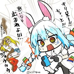 Rule 34 | animal ear fluff, animal ears, black leotard, black pantyhose, blonde hair, blue hair, boots, braid, cellphone, character request, chibi, closed eyes, commentary request, detached sleeves, don-chan (usada pekora), dress, emphasis lines, feet out of frame, fur-trimmed dress, fur-trimmed gloves, fur trim, gloves, hair between eyes, highres, holding, holding phone, hololive, kiritoma, knee boots, leotard, long hair, multicolored hair, open mouth, pants, pantyhose, phone, puffy short sleeves, puffy sleeves, rabbit ears, red boots, red gloves, shaded face, shirt, short eyebrows, short sleeves, standing, strapless, strapless dress, strapless leotard, sweat, thick eyebrows, translation request, twin braids, twintails, two-tone hair, usada pekora, usada pekora (1st costume), very long hair, virtual youtuber, white dress, white hair, white pants, white shirt, white sleeves, yellow eyes