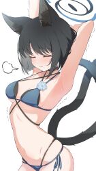 1girl absurdres animal_ear_fluff animal_ears armpits arms_behind_head arms_up bikini black_hair blue_archive blue_bikini blush breasts cat_ears cat_girl cat_tail closed_eyes closed_mouth highres kikyou_(blue_archive) kikyou_(swimsuit)_(blue_archive) multiple_tails official_alternate_costume ritsu_(ritu_2416) short_hair solo stomach stretching swimsuit tail two_tails
