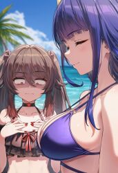 Rule 34 | 2girls, beach, bikini, blue sky, blurry, blurry background, blush, breast envy, breasts, brown hair, closed eyes, day, envy (emotion), fingernails, genshin impact, girl staring at guy&#039;s chest (meme), hands on own chest, highres, hu tao (genshin impact), jealous, large breasts, long hair, meme, multiple girls, nails, o-ring, purple hair, raaivault, raiden shogun, red eyes, sharp fingernails, sideboob, sky, small breasts, smile, swimsuit, twintails, wavy mouth