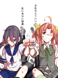 &gt;;) 10s 2girls ahoge akebono_(kancolle) ataru_(cha2batake) bandaid bell brown_hair clenched_hand deep_wound fist_bump flower grin hair_bell hair_flower hair_intakes hair_ornament hair_ribbon injury jingle_bell kadokawa_shoten kagerou_(kancolle) kantai_collection long_hair multiple_girls one_eye_closed ribbon school_uniform scrape serafuku side_ponytail skirt smile translation_request twintails v-shaped_eyebrows vest yellow_ribbon