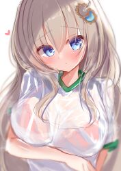 1girl 9-nine- absurdres alternate_costume arm_under_breasts blue_eyes blush bra bra_visible_through_clothes breasts brown_hair closed_mouth eyes_visible_through_hair furrowed_brow gear_hair_ornament gym_shirt hair_between_eyes hair_ornament heart highres kujou_miyako large_breasts long_hair looking_at_viewer nekota_min pink_bra see-through_clothes see-through_shirt shirt short_sleeves sidelocks simple_background sketch solo sweat underwear upper_body very_long_hair white_background white_shirt wing_hair_ornament