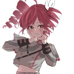 1girl ahoge backlighting black_sleeve_cuffs blush bow closed_mouth drill_hair fingernails floating_hair grey_jacket grey_skirt hair_bow hair_ribbon hands_on_own_cheeks hands_on_own_face hashtag-only_commentary highres jacket kasane_teto kasane_teto_(sv) layered_sleeves long_sleeves looking_at_viewer midriff_peek musical_staff musical_staff_print na_ivf navel red_eyes red_hair red_nails red_trim ribbon simple_background skirt solo striped_clothes striped_jacket synthesizer_v transparent_background twin_drills upper_body utau white_bow white_ribbon
