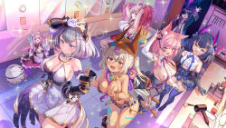 &gt;:( &gt;o&lt; 1boy 6+girls adjusting_headphones animal_ear_fluff animal_ears arge_(sennen_sensou_aigis) arm_up armpit_crease armpits arms_behind_head arms_up ather_(monmusu_td) bare_shoulders black_gloves blue_ribbon blue_thighhighs blurry blush body_markings bokeh breast_curtain breasts brown_eyes calling center_frills choker cleavage clothes_hanger colored_inner_hair depth_of_field double_v dress dressing_room drone elbow_gloves floating frilled_choker frills gloves glowstick gold_trim gradient_hair grey_hair hair_dryer hair_intakes highres holding holding_glowstick holding_microphone idol indoors large_breasts light_brown_hair light_bulb long_hair looking_at_another lugal_(monmusu_td) lupupu_(monmusu_td) makeup makeup_brush master_(monmusu_td) medium_hair microphone mirror mole mole_under_eye monster_musume_td multicolored_hair multiple_girls neck_ribbon official_art orange_eyes orange_hair pink_hair pleated_dress purple_hair red_ribbon revealing_clothes ribbon second-party_source sennen_sensou_aigis sideboob sitting sparkle standing strapless strapless_dress table tantalum_(monmusu_td) tentacle_between_breasts thighhighs tiara tile_floor tiles twintails v v-shaped_eyebrows v_over_head vanity_table vivi_vache_(monmusu_td) white_dress white_gloves