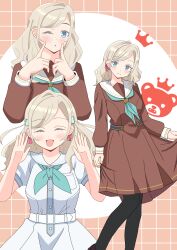 1girl :d ^_^ absurdres aqua_neckerchief black_pantyhose blue_eyes breast_pocket breasts ceras_yanagida_lilienfeld character_logo closed_eyes closed_mouth commentary dress facing_viewer fingers_to_cheeks grey_hair hair_ribbon hasu_no_sora_school_uniform highres ikki_383 link!_like!_love_live! long_hair long_sleeves looking_at_viewer love_live! medium_breasts medium_dress multiple_views neckerchief open_mouth pantyhose pink_ribbon pleated_dress pocket puffy_short_sleeves puffy_sleeves ribbon sailor_collar sailor_dress school_uniform short_sleeves smile split_mouth standing summer_uniform virtual_youtuber white_background white_sailor_collar winter_uniform