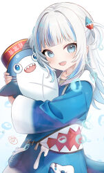 1girl :d absurdres bloop_(gawr_gura) blue_eyes blue_hair blue_hoodie blunt_bangs bubble commentary dreadpunk english_commentary fins fish_tail gawr_gura gawr_gura_(1st_costume) grey_hair hair_ornament highres holding hololive hololive_english hood hoodie long_hair long_sleeves looking_at_viewer multicolored_hair open_mouth shark_girl shark_hair_ornament shark_tail sharp_teeth smile solo streaked_hair tail teeth two_side_up upper_body upper_teeth_only virtual_youtuber wide_sleeves