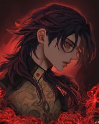 1boy bishounen black_hair blade_(honkai:_star_rail) closed_mouth commentary earrings flower hashtag-only_commentary highres honkai:_star_rail honkai_(series) jacket jewelry lips long_hair looking_down male_focus parted_hair piercing profile red_eyes red_flower sideburns solo spider_lily stud_earrings upper_body xo_5ss