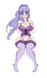 1girl absurdres blunt_bangs blush bra breasts breasts_squeezed_together cleavage collarbone curfewart curvy garter_belt gogo_no_kouchou:_junai_mellow_yori groin halterneck hands_on_own_chest high_ponytail highleg highleg_panties highres huge_breasts legwear_garter lingerie long_hair looking_at_viewer micro_panties mizuno_yayoi panties ponytail purple_bra purple_eyes purple_hair purple_panties purple_thighhighs raised_eyebrows shiny_skin short_eyebrows sidelocks sitting smile solo string_panties thick_eyebrows thick_thighs thighhighs thighs underwear underwear_only very_long_hair wide_hips
