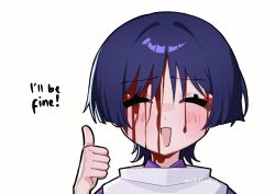 Rule 34 | 1boy, artist name, bleeding, blood, blood from forehead, blunt ends, blush, closed eyes, english text, eyeliner, eyeshadow, facing viewer, genshin impact, highres, japanese clothes, kariginu, kimono, makeup, male focus, mik0chn, open mouth, portrait, purple hair, purple kimono, purple sleeves, red eyeliner, red eyeshadow, scaramouche (genshin impact), scaramouche (kabukimono) (genshin impact), solo, straight-on, thumbs up, white background, wispy bangs