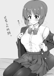 1girl absurdres alternate_costume asyura_kumo bed_sheet blazer blush bow bowtie closed_mouth commentary dress_shirt frown girls_und_panzer highres jacket long_sleeves miniskirt nishizumi_miho on_bed open_clothes open_jacket opened_by_self pantyhose pleated_skirt shirt short_hair sitting skirt solo steam sweat translated wing_collar