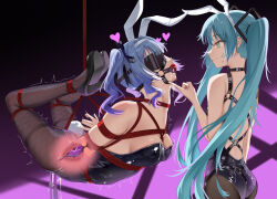 2girls absurdres animal_ears aqua_eyes aqua_hair arms_behind_back ball_gag bdsm blindfold blue_hair bound bound_arms bound_legs breasts drooling dual_persona egg_vibrator fake_animal_ears fake_tail fishnet_pantyhose fishnets gag gag_harness gagged hatsune_miku heart high_heels highres leotard liangfangliangfangliang long_hair looking_at_another medium_breasts medium_hair multiple_girls pantyhose playboy_bunny rabbit_ears rabbit_hole_(vocaloid) rabbit_tail rope sex_toy shibari shibari_over_clothes spoken_heart strapless strapless_leotard suspension tail twintails variant_set very_long_hair vibrator vocaloid wiffle_gag x-ray yuri