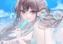 1girl :d back bare_shoulders blue_sky brown_hair bubble cloud dress floating_hair food from_side hair_ribbon halter_dress halterneck holding holding_food holding_ice_cream ice_cream light_blush long_hair miwano_rag ocean open_mouth original portrait purple_eyes ribbon sky smile solo turning_head