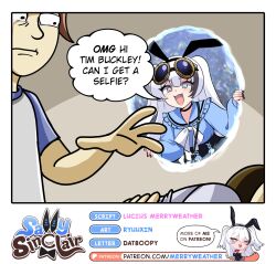 1boy 2girls :d animal_ear_hairband animal_ears artist_name black_choker black_hairband black_nails black_skirt black_streaks blue_eyes blue_shirt border bow bright_pupils character_name choker commentary crossover ctrl+alt+del double-parted_bangs english_commentary english_text fake_animal_ears fang goggles goggles_on_head hair_between_eyes hairband highres long_hair long_sleeves looking_at_another loss_(meme) meme merryweather multicolored_hair multiple_girls open_mouth original portal_(object) rabbit_ear_hairband rabbit_ears ryuuxin sally_sinclair shirt skirt smile speech_bubble streaked_hair talking tearing_up two_side_up white_border white_bow white_hair white_pupils