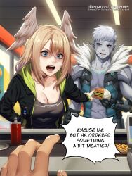 1boy 1girl 1other black_jacket blue_hair bottle breasts brown_hair burger chest_tattoo cleavage colored_skin commentary dannex009 english_commentary english_text eunie_(xenoblade) fast_food feathered_wings food grey_hair grey_skin hair_between_eyes hand_on_own_hip head_wings highres holding holding_burger holding_food hood hooded_jacket indoors jacket ketchup_bottle lanz_(xenoblade) large_breasts long_sleeves looking_at_viewer medium_hair open_clothes open_jacket pectorals pointing pointing_at_another pov pov_hands restaurant smile speech_bubble tattoo white_wings wings xenoblade_chronicles_(series) xenoblade_chronicles_3