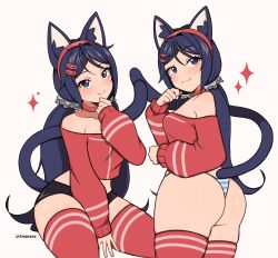 1girl absurdres animal_ears artist_name black_panties blue_eyes blue_hair blue_panties cat_ears cat_girl cat_tail choker commentary cremanata crop_top english_commentary hairband highres long_hair miside mita_(miside) panties pink_choker pink_hairband pink_shirt pink_thighhighs shirt simple_background sparkle striped_clothes striped_panties tail thighhighs two-tone_panties underwear white_background white_panties