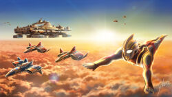 1boy aerial_base airborne_aircraft_carrier aircraft airplane alien armor blue_sky breastplate carrier cloud cloudy_sky color_timer colored_skin commentary compound_eyes dorsal_fin fighter_jet flying giant giant_male glowing glowing_eyes gradient_eyes gradient_sky legs_together lens_flare looking_ahead male_focus midair military_vehicle multicolored_eyes multicolored_skin multicolored_sky no_pupils orange_sky outdoors outstretched_arms red_skin signature silver_skin sky snowslide sun sunset tokusatsu toned toned_male two-tone_skin ultra_series ultraman_gaia ultraman_gaia_(series) white_eyes xig_fighter_sg xig_fighter_ss yellow_eyes