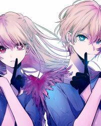 Rule 34 | 1boy, 1girl, black gloves, blonde hair, blue eyes, blue shirt, brother and sister, collarbone, commentary request, floating hair, gloves, hair between eyes, half gloves, highres, hoshino aquamarine, hoshino ruby, index finger raised, light particles, long hair, looking at viewer, one side up, oshi no ko, parted lips, pink eyes, shirt, short hair, siblings, simple background, star-shaped pupils, star (symbol), symbol-shaped pupils, t-shirt, twins, upper body, white background, yokoyari mengo