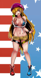 Rule 34 | 1girl, aged up, alternate costume, american flag, american flag bikini, american flag print, aoshima, bare shoulders, bikini, bikini top only, blonde hair, bracelet, breasts, caution tape, cleavage, clownpiece, collarbone, commentary, earrings, female focus, flag print, flag print bikini, hair over one eye, hat, highres, jewelry, lips, long hair, medium breasts, navel, off shoulder, open mouth, print bikini, purple eyes, round teeth, shirt, short shorts, shorts, smile, solo, strap gap, stud earrings, swimsuit, teeth, thigh cuffs, thigh strap, tied shirt, touhou, very long hair