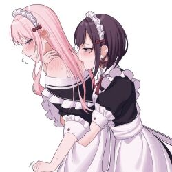 1girl 1other ^^^ akiyama_mizuki apron black_hair blush flying_sweatdrops hand_on_another&#039;s_neck hand_on_another&#039;s_stomach highres hug hug_from_behind licking_another&#039;s_back long_hair maid maid_apron maid_headdress multiple_girls mutu_(25love) off_shoulder pink_eyes pink_hair project_sekai red_ribbon ribbon shinonome_ena short_hair shoulder_blush simple_background trembling white_background