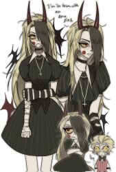 Rule 34 | 1boy, black dress, black eyeshadow, blonde hair, blush stickers, charlie morningstar, cross, cross necklace, demon girl, demon horns, dress, emo fashion, eyeshadow, father and daughter, hair over one eye, hazbin hotel, highres, horns, jewelry, long hair, lucifer morningstar (hazbin hotel), makeup, necklace, tears, tppiiiiqqt