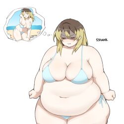 1girl 53hank absurdres bikini blonde_hair blue_bikini blush breasts brown_hair cleavage closed_eyes fat fat_woman highres large_breasts medium_hair multicolored_hair navel original pout shaded_face side-tie_bikini_bottom solo speech_bubble standing swimsuit thought_bubble weight_conscious white_background