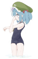 Rule 34 | 1girl, alternate costume, bananannu, black one-piece swimsuit, blue eyes, blue hair, commentary request, cowboy shot, cross-body stretch, expressionless, flat chest, green hat, hair bobbles, hair ornament, hat, highres, jewelry, kawashiro nitori, key, key necklace, looking afar, medium hair, necklace, newsboy cap, one-piece swimsuit, open mouth, ripples, school swimsuit, simple background, solo, swimsuit, touhou, two side up, wading, water, white background