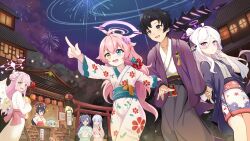 6+girls aviary bad_link black_hair blue_archive blue_eyes blush candy_apple character_request closed_eyes festival fireworks floral_print food hair_between_eyes halo heterochromia highres hina_(blue_archive) holding holding_hands hoshino_(blue_archive) japanese_clothes kimono lantern long_hair long_sleeves mika_(blue_archive) multiple_girls noa_(blue_archive) obi open_mouth outdoors pink_eyes pink_hair purple_eyes purple_hair red_eyes sash sensei_(blue_archive) serika_(blue_archive) serika_(new_year)_(blue_archive) shiroko_(blue_archive) smile torii wings yellow_eyes yukata yuuka_(blue_archive)