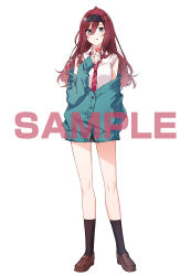 1girl aqua_eyes black_hairband black_socks blush breasts brown_shoes candy cardigan character_request collared_shirt commentary_request diagonal-striped_clothes diagonal-striped_necktie food full_body green_cardigan hair_between_eyes hairband holding holding_candy holding_food holding_lollipop loafers lollipop long_hair looking_at_viewer mole mole_under_eye necktie off_shoulder official_art red_hair red_necktie sample_watermark school_uniform shirt shoes simple_background sleeveless sleeveless_shirt socks solo standing striped_clothes tomari_(veryberry00) tomodachi_no_imouto_ga_ore_ni_dake_uzai tongue tongue_out watermark white_background white_shirt wing_collar