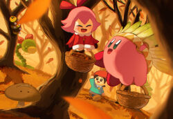 2girls adeleine autumn autumn_leaves basket black_hair colored_skin copy_ability falling_leaves geromazudake highres holding holding_basket kirby kirby_(series) leaf leo_taranza looking_at_another multiple_girls mushroom needlous nintendo open_mouth pink_hair pink_skin red_headwear red_ribbon ribbon ribbon_(kirby) smile snoozroot solid_oval_eyes wing_kirby