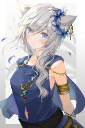1girl animal_ears armlet blue_cape blue_eyes blue_shirt breasts cape cat_ears cat_girl earrings facial_mark final_fantasy final_fantasy_xiv flower grey_hair hair_flower hair_ornament highres jewelry looking_at_viewer miqo&#039;te necklace reshia_(reshia_ss) shirt single_earring sleeveless sleeveless_shirt solo upper_body warrior_of_light_(ff14) whisker_markings