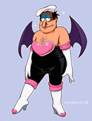 1boy artist_name bat_wings black_bodysuit black_eyes black_hair blue_eyeshadow bodysuit boots chef_hat chest_hair cosplay crossdressing elbow_gloves eyeshadow facial_hair fat fat_man gloves hat highres long_nose makeup male_focus mustache peppino_spaghetti pizza_tower purple_background purple_wings rouge_the_bat rouge_the_bat_(cosplay) smile solo sonic_(series) sparkle totesfleisch8 white_boots white_gloves wings
